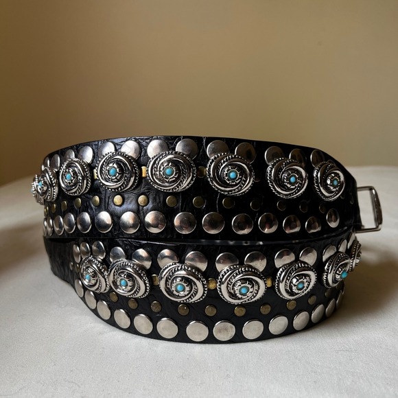 Vintage Nanni Italy Turquoise Concho Studded Leather Belt Black‎ Silver 95/38 - Picture 11 of 13